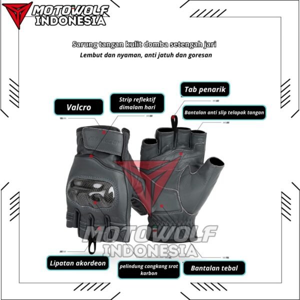 Motowolf Sarung Tangan Motor Kulit Half Finger Protector Karbon Anti Slip 0334B - Image 3
