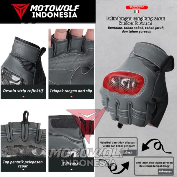 Motowolf Sarung Tangan Motor Kulit Half Finger Protector Karbon Anti Slip 0334B - Image 5