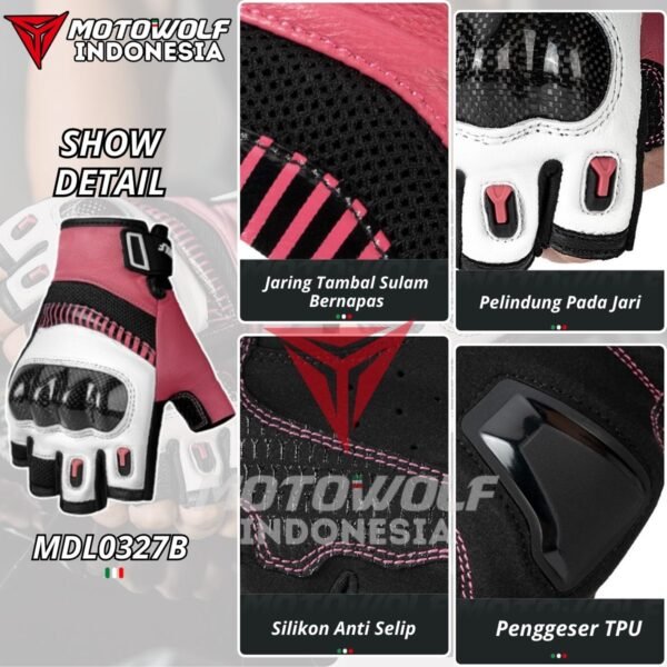 Sarung Tangan Motor Kulit Half Finger Karbon Protector Motowolf 0327B - Image 5
