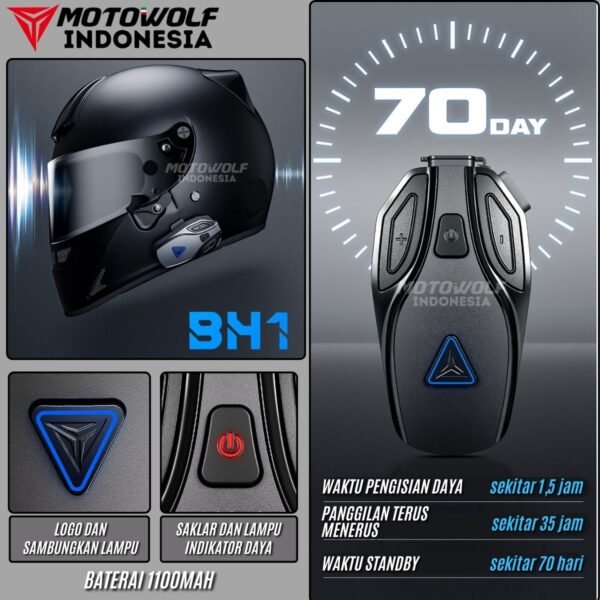 Motowolf Speaker Blouetooth Headset Audio Intercom Baterai 70 Jam Standby ENC Jernih Full Face & Half Face BH1 - Image 10