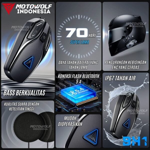 Motowolf Speaker Blouetooth Headset Audio Intercom Baterai 70 Jam Standby ENC Jernih Full Face & Half Face BH1 - Image 9
